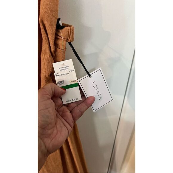 1. State Tan Large Smock Dress Womens Size L New Beautiful - Picture 4 of 12